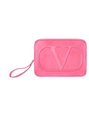 Authentic Valentino velvet Coral Pink Embossed Wristlet / makeup cosmetic bag
